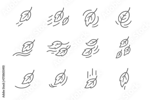 Falling Leaf Icons. Line style icons of falling leaves motion: single leaf falling, multiple leaves falling, swirling leaf,