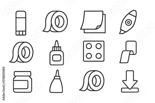 Sticky Tools Icons. Line style icons of sticky and adhesive tools: glue stick, tape roll, sticky pad, correction tape;