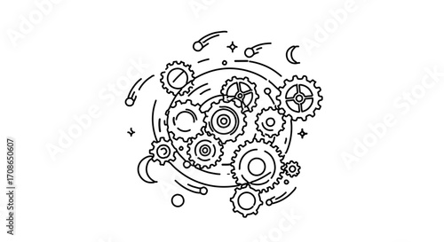 Illustration of gears and celestial bodies, a concept of cosmic machinery