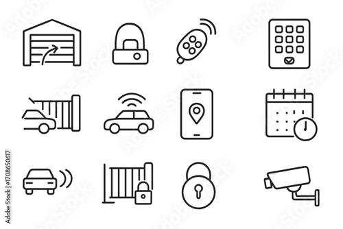 Garage Automation Icons. Line style icons of garage and gate automation: garage door icon, gate motor, remote opener, keypad entry