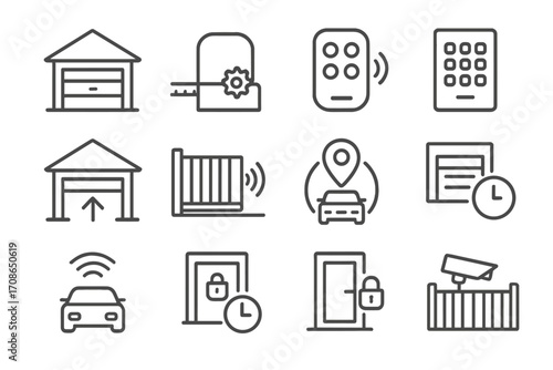 Garage Automation Icons. Line style icons of garage and gate automation: garage door icon, gate motor, remote opener, keypad entry