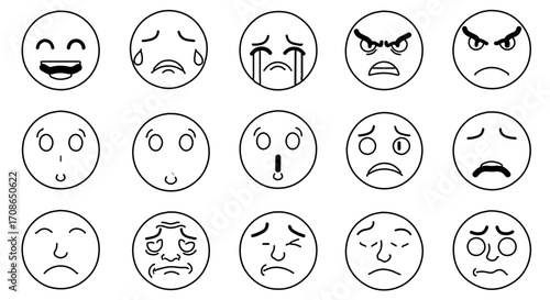 A collection of various line art emoji faces expressing different emotions happy and sad