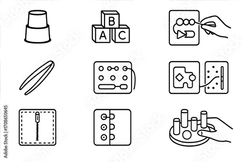 Motor Skills Icons. Line style icons of motor skill development: stacking cups, building blocks, lacing beads, threading cards;