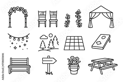 Outdoor Wedding Icons. Line style icons of outdoor weddings: garden arch, outdoor chairs, floral aisle, open tent; string lights,