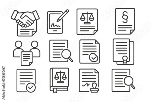 Business Contract Icons. Line style icons of contracts and business law: handshake contract, signature pad, legal agreement,