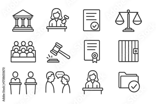 Courtroom Line Icons. Line style icons of trial and judgment: courtroom icon, judge ruling, verdict paper, scale with verdict;