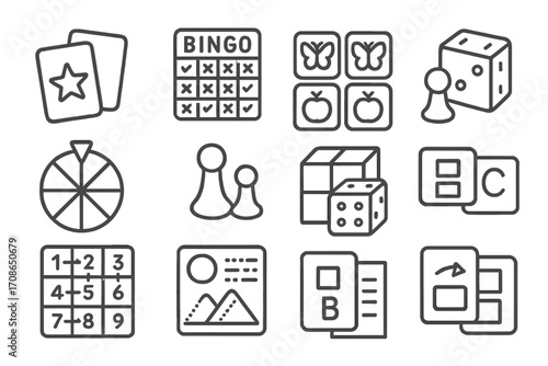 Learning Game Icons. Line style icons of learning games: memory cards, bingo board, matching game, flash dice; spinner, game