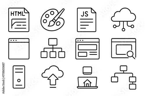 Web Development Icons. Line style icons of web development: HTML file, CSS palette, JS script, API icon; browser window, DOM tree,