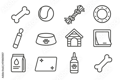 Dog Care Icons. Line style icons of dog care: chew toy, tennis ball, rope toy, tug ring; training dummy, feeding bowl, kennel, pet