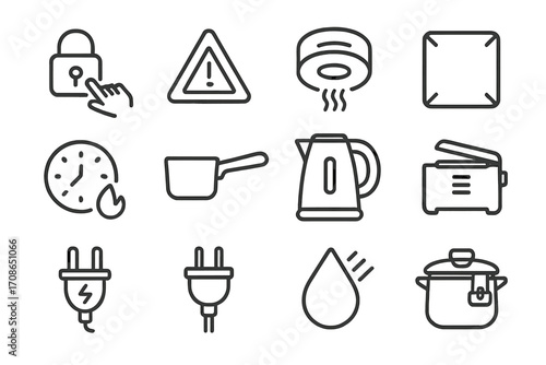 Kitchen Safety Icons. Line style icons of kitchen safety features: child lock icon, overheat alert, smoke sensor, anti-slip base;