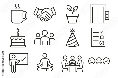 Office Culture Icons. Line style icons of office culture: coffee mug, handshake, plant pot, breakroom icon; birthday cake, team