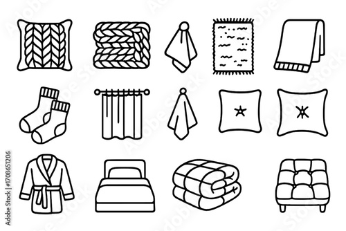 Soft Textiles Icons. Line style icons of soft textiles: knit pillow, chunky blanket, shag rug, fleece throw; wool socks, curtain