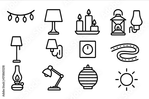 Restful Lighting Icons. Line style icons of restful lighting: string lights, bedside lamp, candle trio, lantern; floor lamp, wall