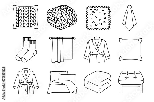 Soft Textiles Icons. Line style icons of soft textiles: knit pillow, chunky blanket, shag rug, fleece throw; wool socks, curtain