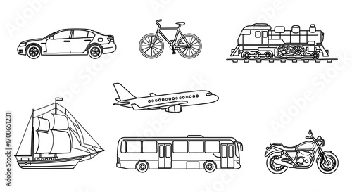 Various modes of transportation including car, bicycle, train, airplane, boat, bus and motorcycle