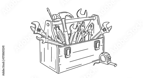 Toolbox with various tools hand drawn vector illustration in sketch style
