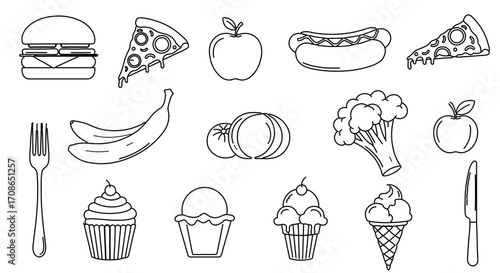 Outline drawing of various food items including burger, pizza, apple, hotdog, banana