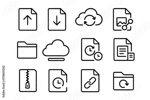 File Sharing Icons. Line style icons of file sharing and cloud storage: upload arrow, download icon, cloud sync, shared document;