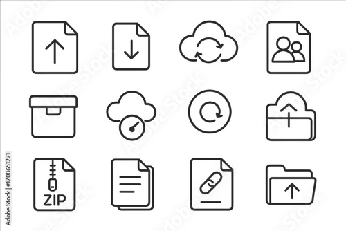 File Sharing Icons. Line style icons of file sharing and cloud storage: upload arrow, download icon, cloud sync, shared document;