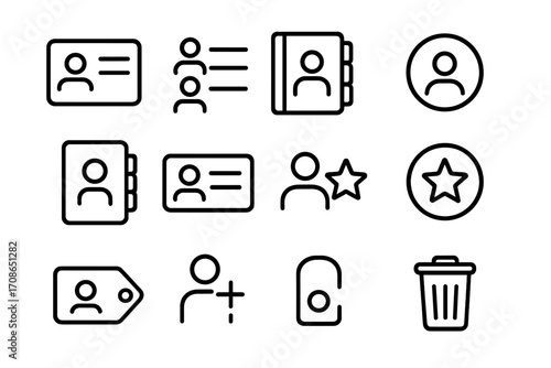 Contact Icons Collection. Line style icons of contact management: contact card, user list, phonebook, profile icon; address book,