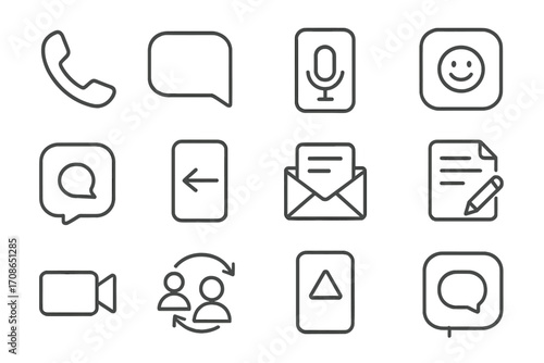 Mobile Icons Set. Line style icons of mobile communication tools: phone call, messaging app, voice memo, emoji keyboard; chat