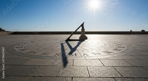 Sun's shadow cast on a large stone sundial