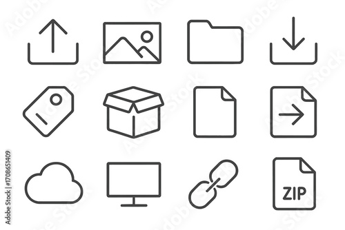 Asset Tool Icons. Line style icons of asset management tools: file upload, image library, folder icon, download arrow; asset tag,