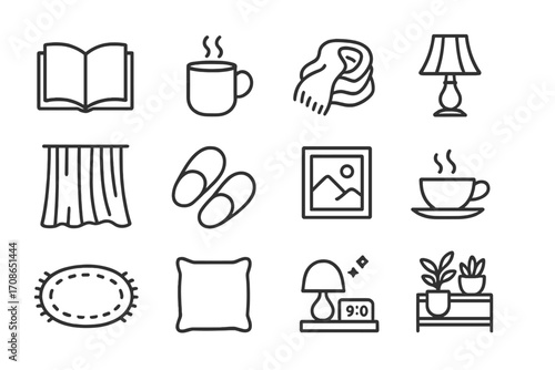 Cozy Home Icons. Line style icons of aesthetic home comforts: open book, mug steam, draped blanket, elegant lamp; gentle curtain,