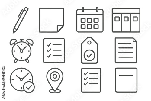 Line Style Office Icons. Line style icons of structured office items: flat pen, sticky square, calendar page, task board; alert