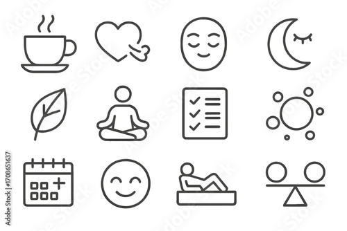 Self-Care Icon Set. Line style icons of self-care and wellbeing: cozy tea cup, heart breath, relaxed face, moon sleep; leaf icon,