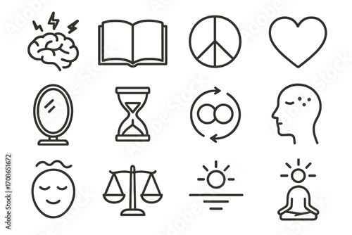 Internal Wellness Icons. Line style icons of internal wellness: brain spark, open journal, peace mark, heart shape; mirror frame,