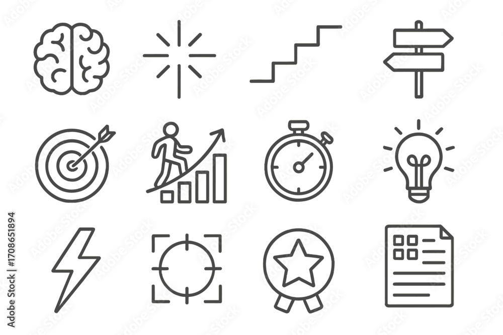 Personal Growth Icons. Line style icons of personal growth and goals: brain, spark, steps, direction sign; target, graph climb,