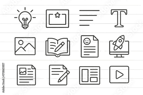 Content Creation Icons. Line style icons of branding and content creation: idea spark, headline frame, text alignment, font