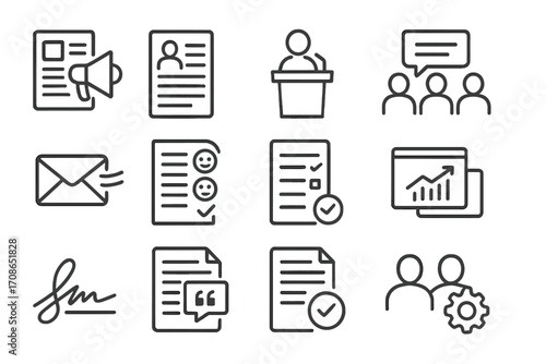 Corporate Communication Icons. Line style icons of corporate communication: press release, internal memo, speaker podium, team