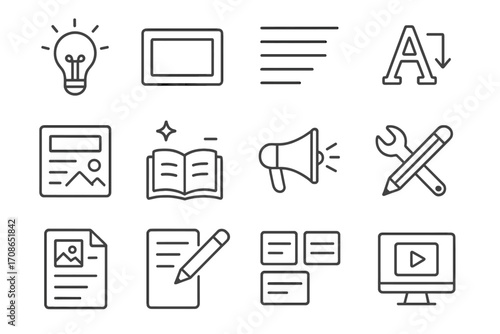 Content Creation Icons. Line style icons of branding and content creation: idea spark, headline frame, text alignment, font