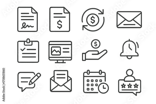 Freelance Business Icons. Line style icons of freelance business tools: contract doc, invoice file, money transfer, email thread;