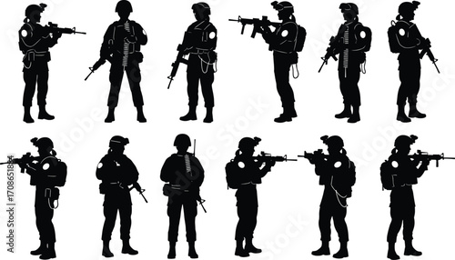 Armed soldier silhouettes in tactical gear, aiming and standing in formation, vector illustration for military, defense, combat, readiness, strategy themes