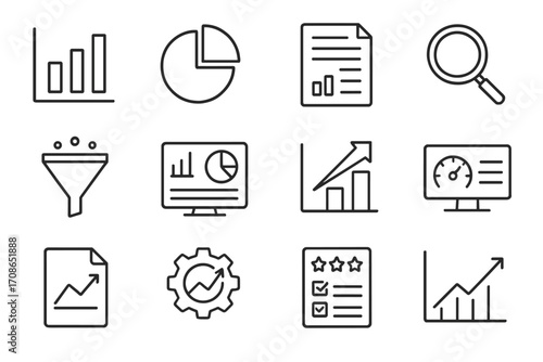 Business Analysis Icons. Line style icons of business analysis: bar chart, pie chart, report, magnifying glass; data funnel,
