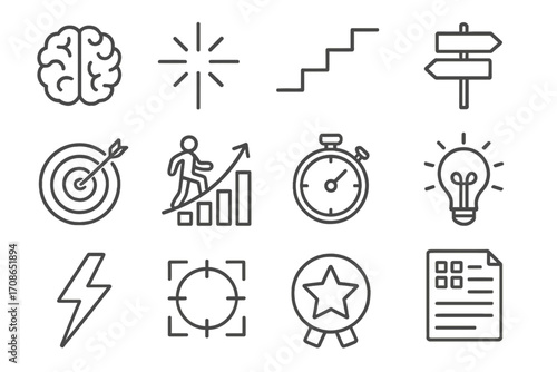 Personal Growth Icons. Line style icons of personal growth and goals: brain, spark, steps, direction sign; target, graph climb,