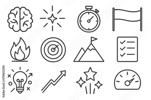 Clarity and Purpose Icons. Line style icons of clarity and purpose: brain, light flash, stopwatch, finish ribbon; motivation spark