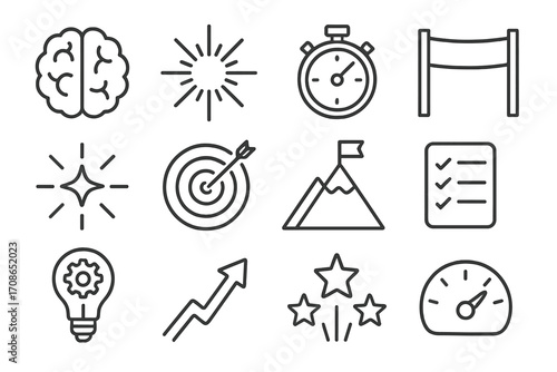 Clarity and Purpose Icons. Line style icons of clarity and purpose: brain, light flash, stopwatch, finish ribbon; motivation spark