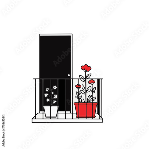 Minimalist flower pot on balcony with red accent, modern decor