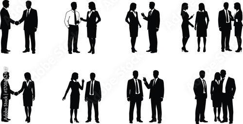 Business interaction silhouette, professional communication, handshake, teamwork, corporate etiquette, office discussion, formal attire, workplace behavior, vector illustration, business people