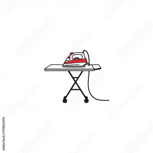 Minimalist iron on ironing board with red accents, simplicity in design