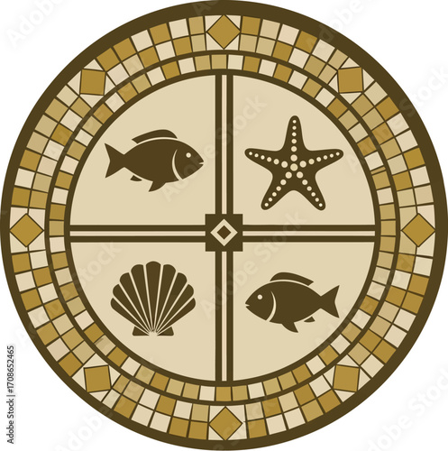 Coastal mosaic tile design with fish and starfish art