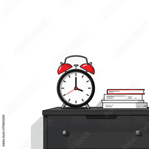 Stylish alarm clock on nightstand with red accents, minimalist design