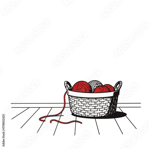 Basket of yarn on floor in minimalist style, creative inspiration
