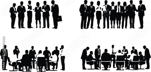 Business meeting silhouette set, corporate teamwork, office interaction, professional collaboration, leadership concept, workplace behavior, vector illustration, business people