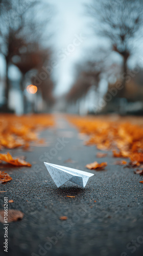 Paper Plane on Urban Path: A close-up shot of a solitary paper plane resting on an urban path. A poignant display of simplicity, dreams, and travel ambition. The scene has a warm.