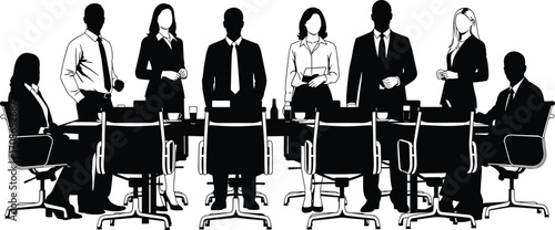 Business meeting silhouette, corporate discussion, office teamwork, professional collaboration, formal attire, leadership concept, workplace interaction, vector illustration, business people
